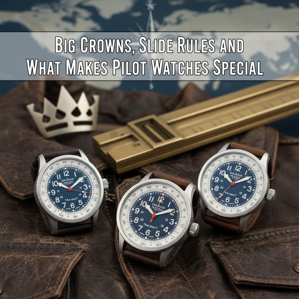 Professional blog header image for article titled: Big Crowns, Slide Rules, and What Makes Pilot Watches Special. High quality, relevant imagery, clean composition.