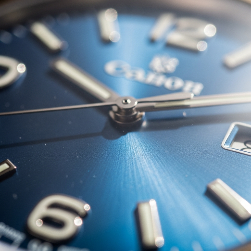 Close-up of blue sunburst watch dial showing textured finishing and applied indices typical of Japanese dress watches