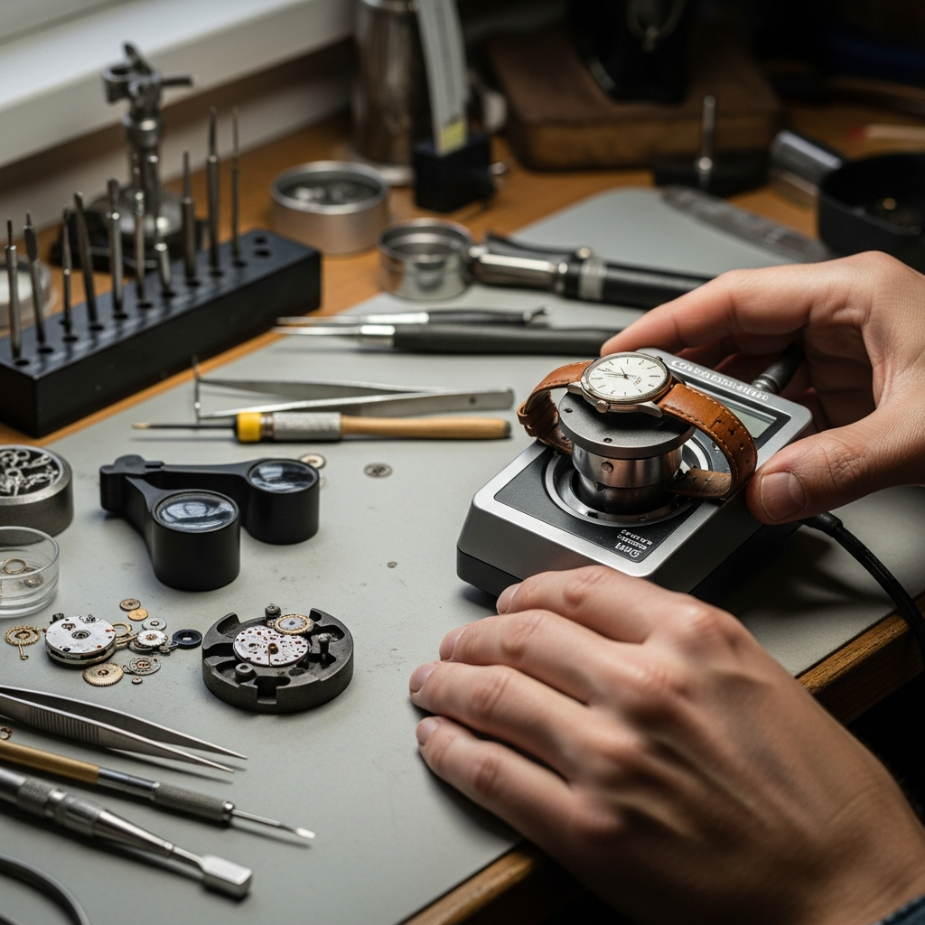 Watch demagnetizer tool being used on an automatic watch caseback at a workshop desk