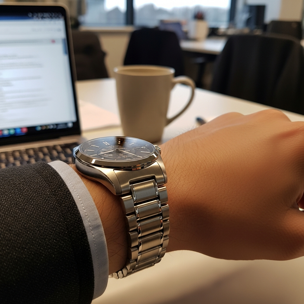 Steel bracelet dress-sport watch catching light on a wrist at an office desk with laptop and coffee