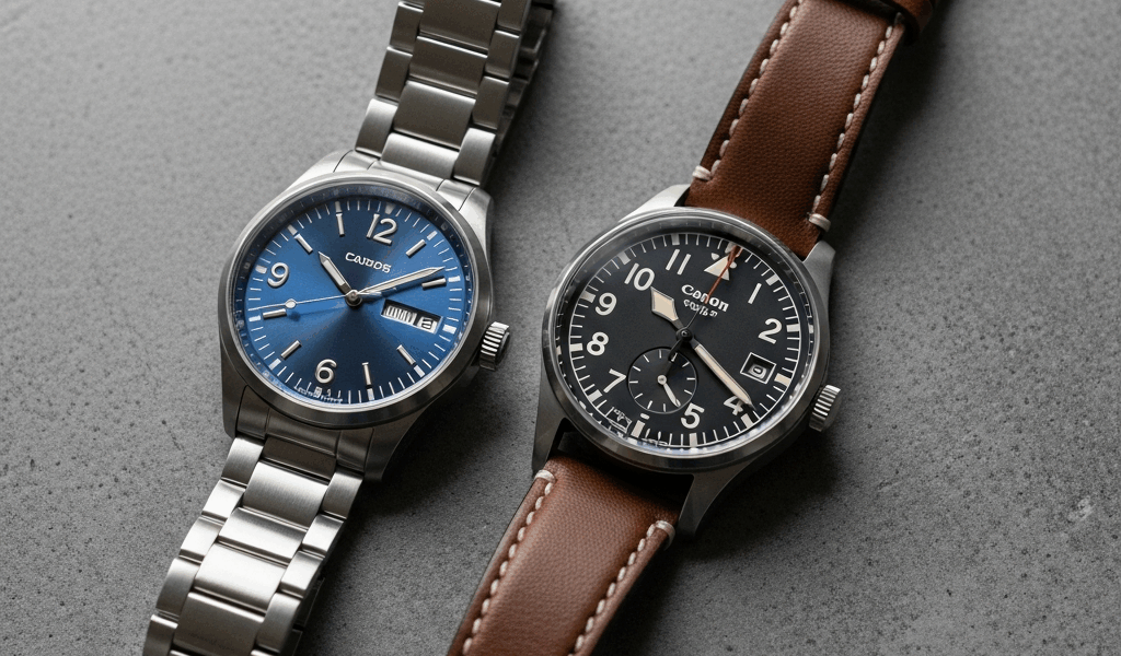 two swiss watches on gray concrete surface one with polished 20260331 133107