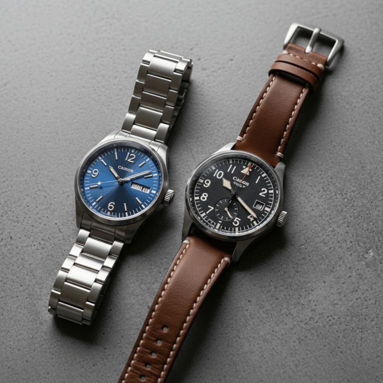 two swiss watches on gray concrete surface one with polished 20260331 133107