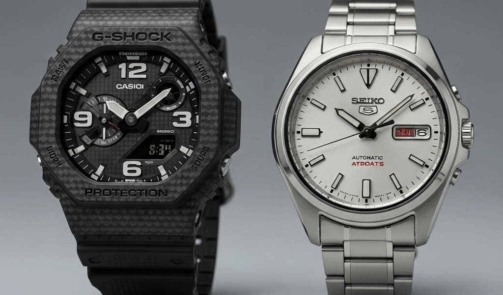 Professional photograph related to: Casio G-Shock GA2100 vs Seiko 5 Sports — Quartz Tough or Mechani